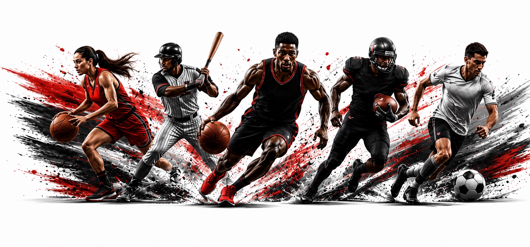 Basketball, baseball, football, and soccer athletes in motion